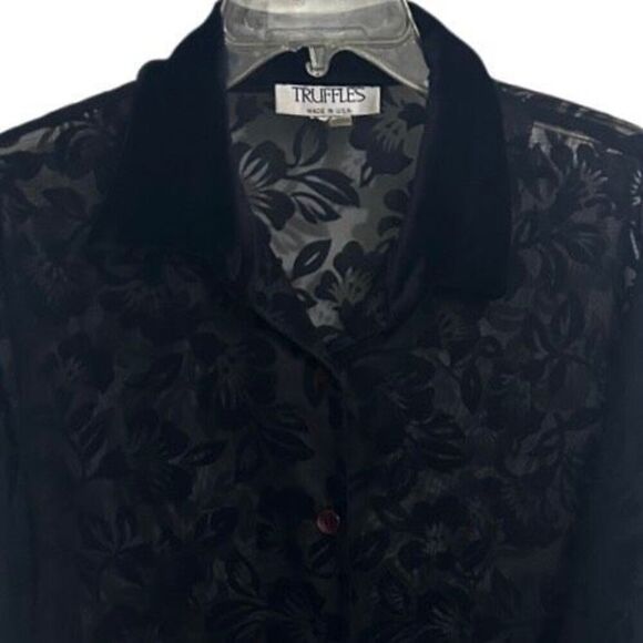 Vintage Truffles Blouse Womens Medium Black Jacquard Velvet Burnout Floral Sheer - Picture 2 of 10